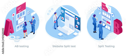 Isometric AB testing, comparison concept. Split Testing web page comparing. Website Split test