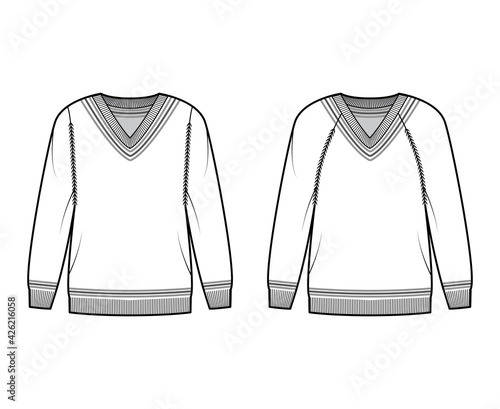 Set of Cricket Sweaters technical fashion illustration with rib V- neck, long raglan sleeves, oversized, hip length, knit cuff. Flat apparel front, back, white color style. Women men unisex CAD mockup