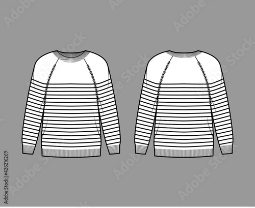 Sailor Sweater Striped Pullover technical fashion illustration with rib crew neck, long raglan sleeves, oversized, knit cuff. Flat apparel front, back, white color style. Women, men unisex CAD mockup
