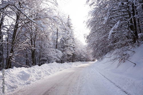 Winter landscape, road covered by snow