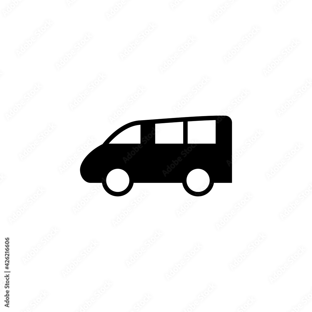 mini Camper car icon, camper van symbol in solid black flat shape glyph icon, isolated on white background