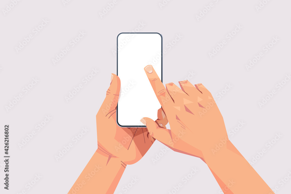human hands holding smartphone with blank touch screen using mobile phone concept isolated horizontal