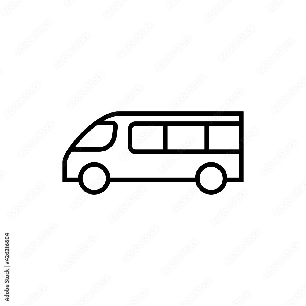 minibus icon, minivan symbol in flat black line style, isolated on white background