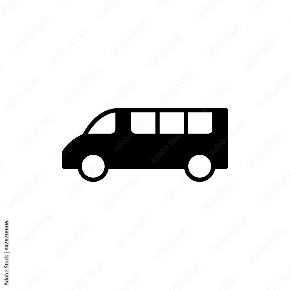 minibus icon, minivan symbol in solid black flat shape glyph icon, isolated on white background