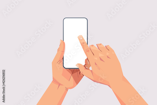 human hands holding smartphone with blank touch screen using mobile phone concept isolated horizontal