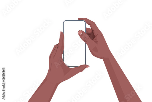 african american human hands holding smartphone with blank touch screen using mobile phone concept