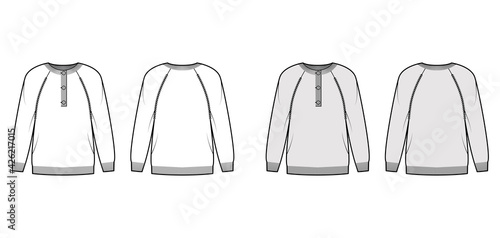 Sweater henley neck technical fashion illustration with rib crew collar, long raglan sleeves, oversized, knit cuff trim. Flat apparel front, back, white grey color style. Women, men CAD mockup