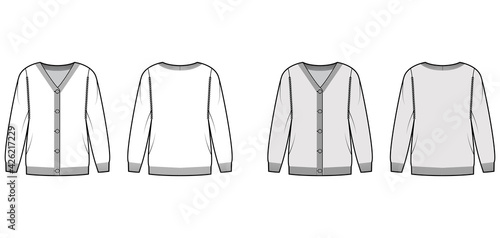 Sweater cardigan technical fashion illustration with V- neck, long sleeves, oversized, fingertip length, knit rib trim. Flat apparel front, back, white grey color style. Women, men unisex CAD mockup
