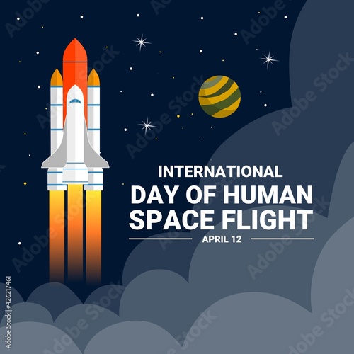 Vector illustration of a rocket launching into space, as a banner, poster or template for the International Day of Human Space Flight.