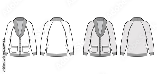 Cardigan Shawl collar Sweater technical fashion illustration with oversized, hip length, knit rib trim, button closure. Flat apparel front, back, white grey color style. Women, men unisex CAD mockup