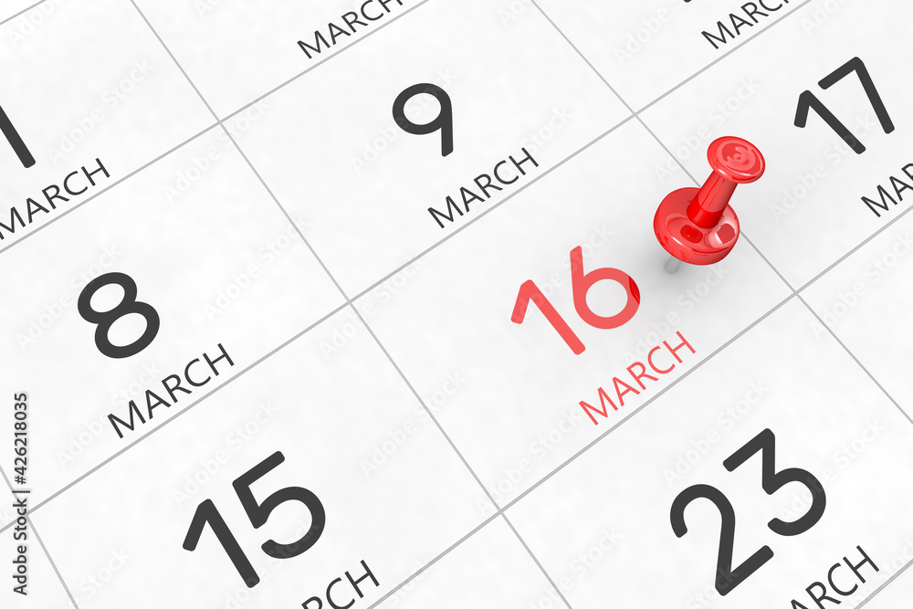 3d rendering of important days concept. March 16th. Day 16 of month. Red date written and pinned on a calendar. Spring month, day of the year. Remind you an important event or possibility. 3d rendering of important days concept. March 16th. Day 16 of month. Red date written and pinned on a calendar. Spring month, day of the year. Remind you an important event or possibility.