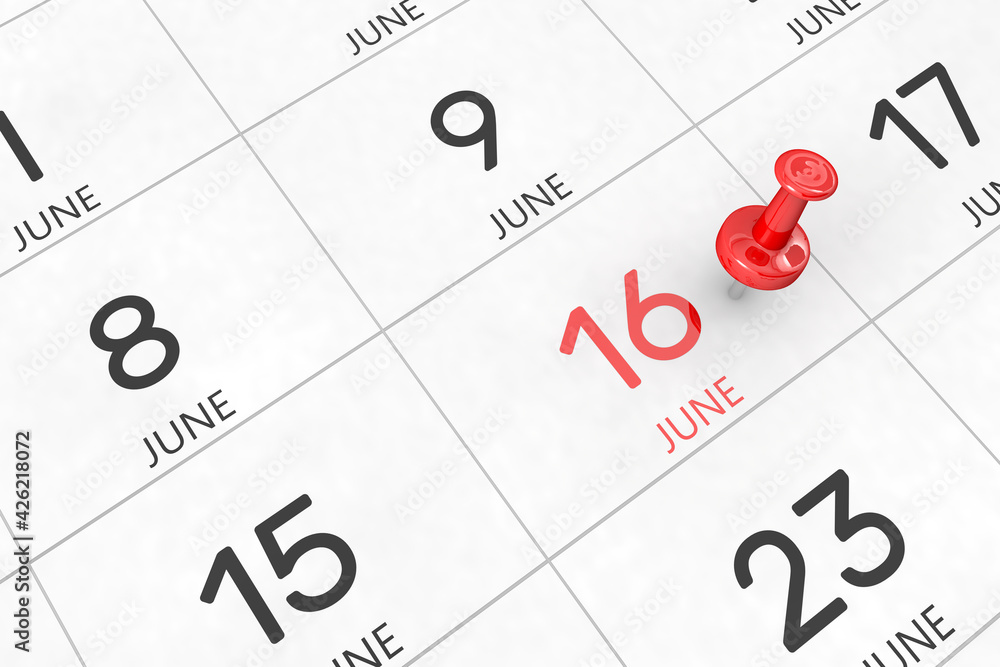 3d rendering of important days concept. June 16th. Day 16 of month. Red date written and pinned on a calendar. Summer month, day of the year. Remind you an important event or possibility. 3d rendering of important days concept. June 16th. Day 16 of month. Red date written and pinned on a calendar. Summer month, day of the year. Remind you an important event or possibility.