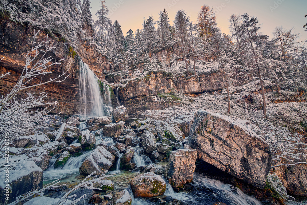 Beautiful Waterfall Vallesinella in Madonna di Campiglio in the autumn time, National Park Adamello-Brenta,Trentino,Italy Dolomites