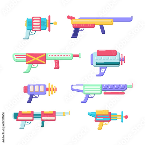 Vector blasters collection. Colorful toy gun set. Futuristic weapon design. Space game gun icons on white background