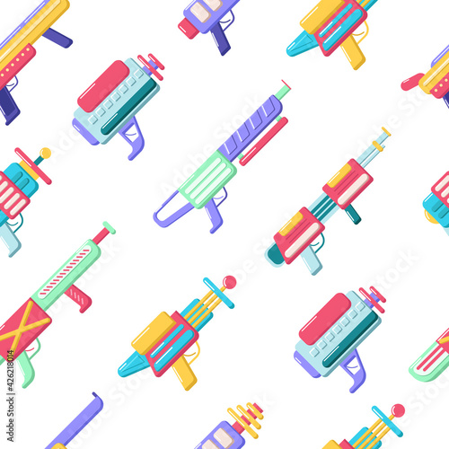Vector seamless pattern with blasters. Colorful toy collection. Futuristic weapon design