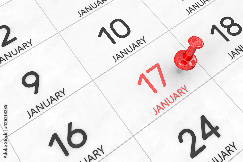 3d rendering of important days concept. January 17th. Day 17 of month. Red date written and pinned on a calendar. Winter month, day of the year. Remind you an important event or possibility. 3d rendering of important days concept. January 17th. Day 17 of month. Red date written and pinned on a calendar. Winter month, day of the year. Remind you an important event or possibility.