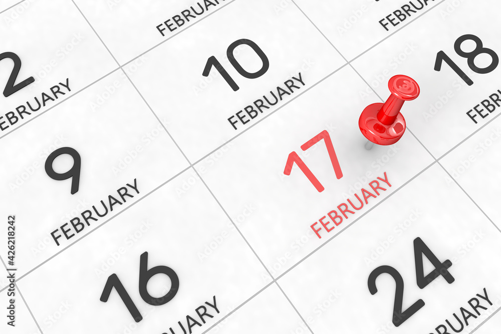 3d rendering of important days concept. February 17th. Day 17 of month. Red date written and pinned on a calendar. Winter month, day of the year. Remind you an important event or possibility. 3d rendering of important days concept. February 17th. Day 17 of month. Red date written and pinned on a calendar. Winter month, day of the year. Remind you an important event or possibility.