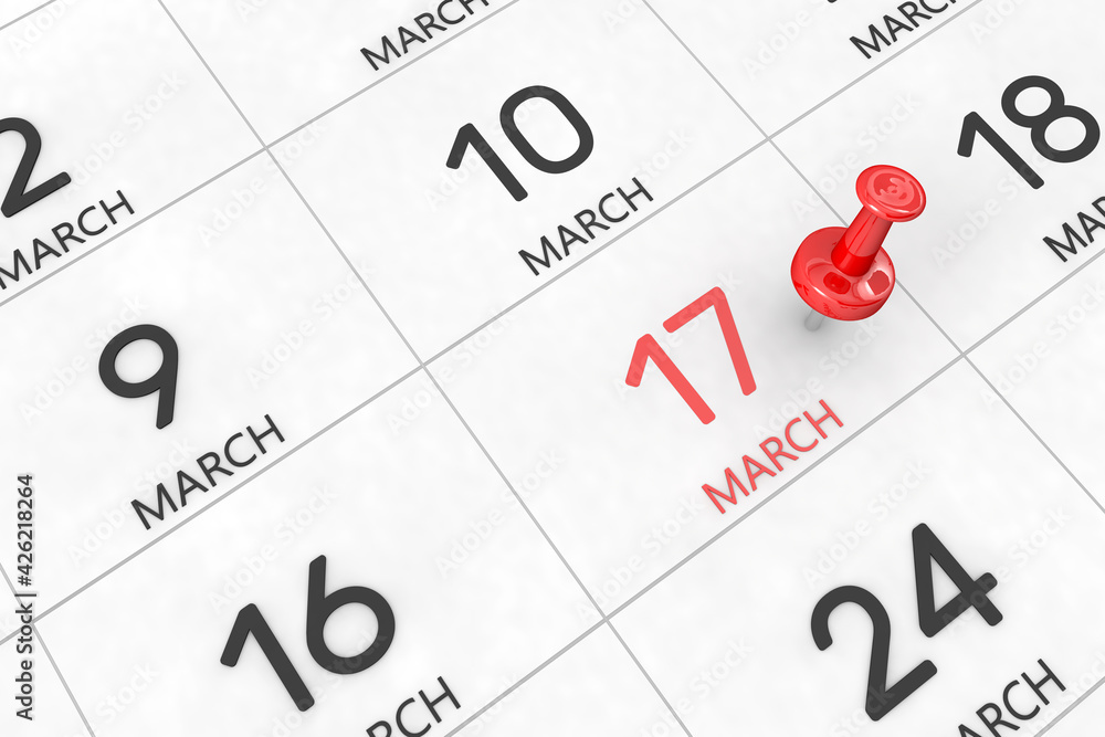 3d rendering of important days concept. March 17th. Day 17 of month. Red date written and pinned on a calendar. Spring month, day of the year. Remind you an important event or possibility. 3d rendering of important days concept. March 17th. Day 17 of month. Red date written and pinned on a calendar. Spring month, day of the year. Remind you an important event or possibility.