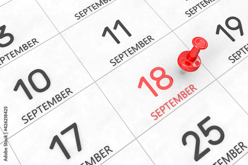 3d rendering of important days concept. September 18th. Day 18 of month. Red date written and pinned on a calendar. Autumn month, day of the year. Remind you an important event or possibility. 3d rendering of important days concept. September 18th. Day 18 of month. Red date written and pinned on a calendar. Autumn month, day of the year. Remind you an important event or possibility.