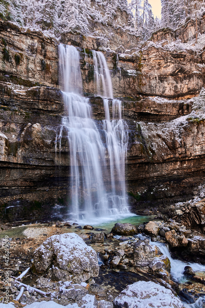 Obraz premium Beautiful Waterfall Vallesinella in Madonna di Campiglio in the autumn time, National Park Adamello-Brenta,Trentino,Italy Dolomites