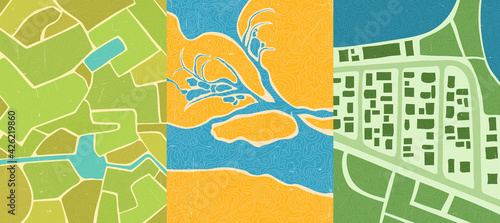 Vector illustration. Minimalist graphic background. Environment. Aerial view of field, desert, town. Linear pattern. Design element for poster, book cover, magazine, flyer, postcard. Vintage style.