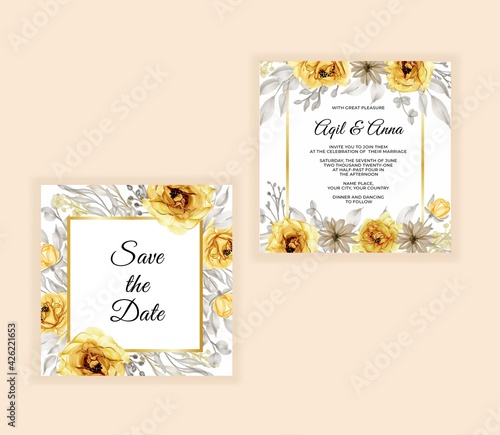 wedding invitation card with beautiful rose gold yellow photo