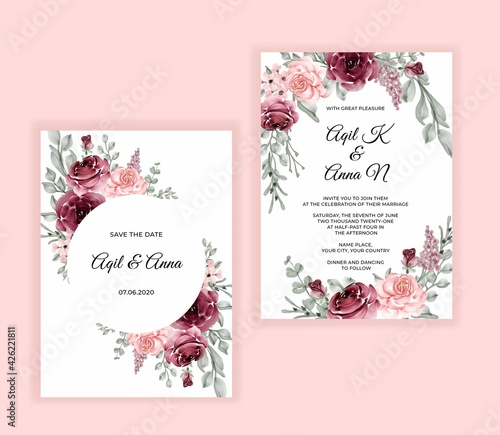 Modern wedding invitation card with beautiful flowers