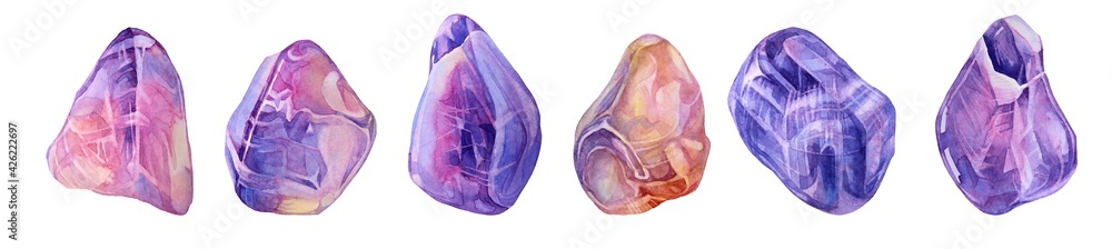 Set watercolor mineral crystal pink purple quartz and amethyst isolated on white background. Hand-drawn treasure gemstone for meditation, office supplies, sketchbook, celebration, wallpaper, wrapping Set watercolor mineral crystal pink purple quartz and amethyst isolated on white background. Hand-drawn treasure gemstone for meditation, office supplies, sketchbook, celebration, wallpaper, wrapping