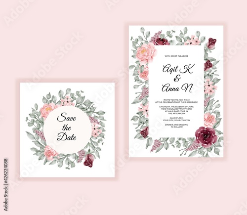 Beautiful floral and leaves wedding invitation card template © orchidart