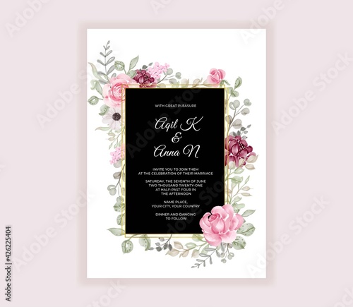 Beautiful roses watercolor invitation card template