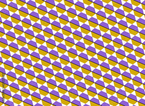 Patrón de hexágonos deformados en dos colores, mitad dorado y mitad violeta, ordenados en vertical sobre fondo blanco