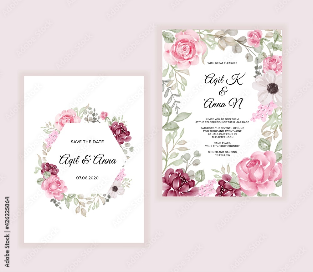 Modern wedding invitation card with beautiful flowers frame