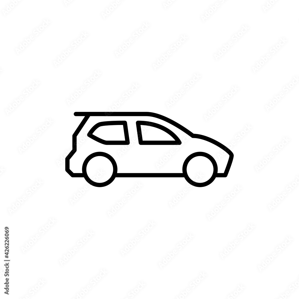compact car icon in flat black line style, isolated on white background