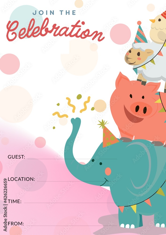 Words join the celebration with happy circus animals and details space on pink and white background Words join the celebration with happy circus animals and details space on pink and white background