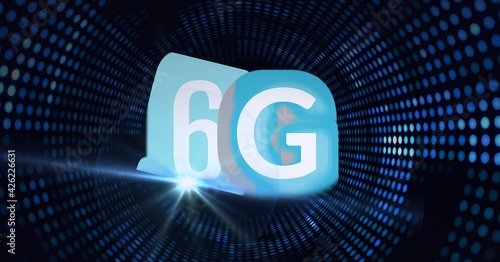 Composition of the word 6g over a tunnel of blue dots in background