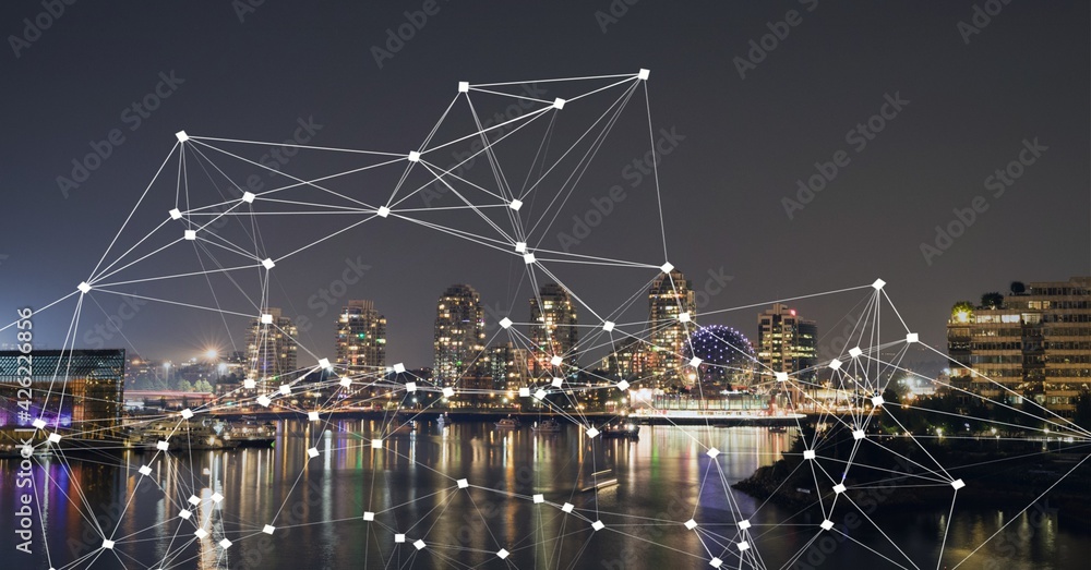 Composition of net of connections over a cityscape in background