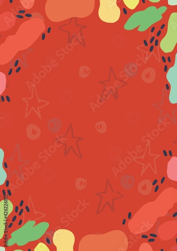 Composition of flowers and stars with copy space on red background