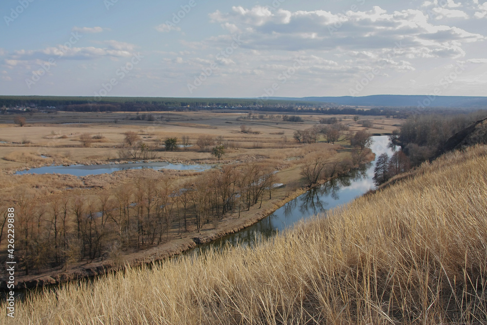 Landscape - spring river valley under the blue sky, Seversky Donets, Zmievsky Kruchi.
