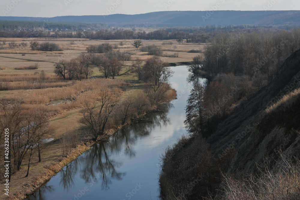 Landscape - spring river valley under the blue sky, Seversky Donets, Zmievsky Kruchi.