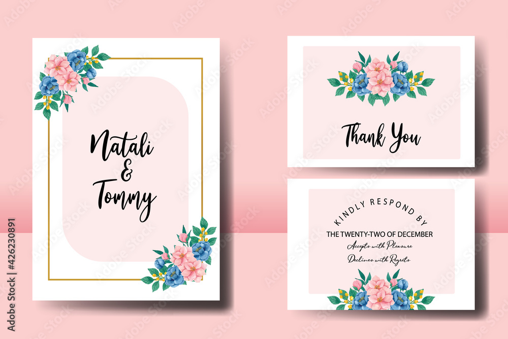 Floral Frame Wedding invitation set, floral watercolor hand drawn Peony and Magnolia Flower design Invitation Card Template