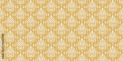 Background pattern with floral ornament on a gold background. Seamless wallpaper texture for your design