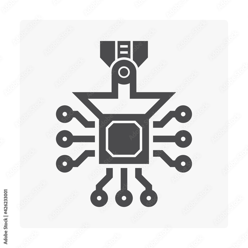 Computer production industry, equipment and technology vector icon. Consist of robot and chip, microchip or cpu. To placed on pcb board or motherboard. To repair, upgrade, assembly or manufacturing. Computer production industry, equipment and technology vector icon. Consist of robot and chip, microchip or cpu. To placed on pcb board or motherboard. To repair, upgrade, assembly or manufacturing.