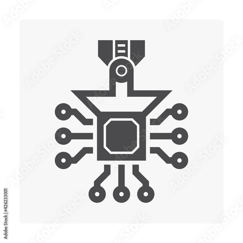 Computer production industry, equipment and technology vector icon. Consist of robot and chip, microchip or cpu. To placed on pcb board or motherboard. To repair, upgrade, assembly or manufacturing.