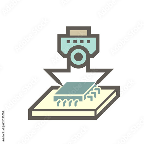 Computer production industry, equipment and technology vector icon. Consist of robot and chip, microchip or cpu. To placed on pcb board or motherboard. To repair, upgrade, assembly or manufacturing.