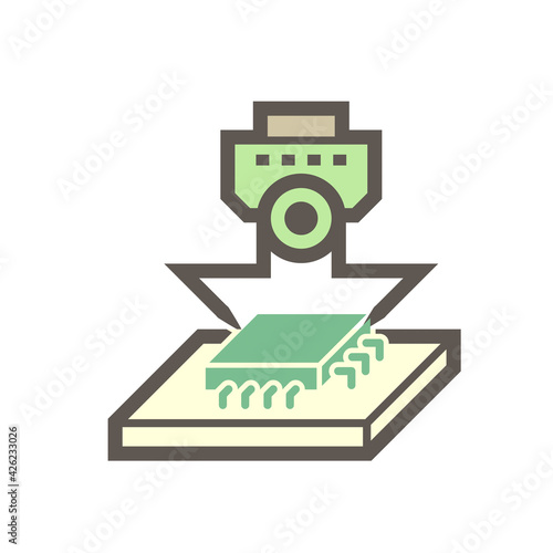 Computer production industry, equipment and technology vector icon. Consist of robot and chip, microchip or cpu. To placed on pcb board or motherboard. To repair, upgrade, assembly or manufacturing.