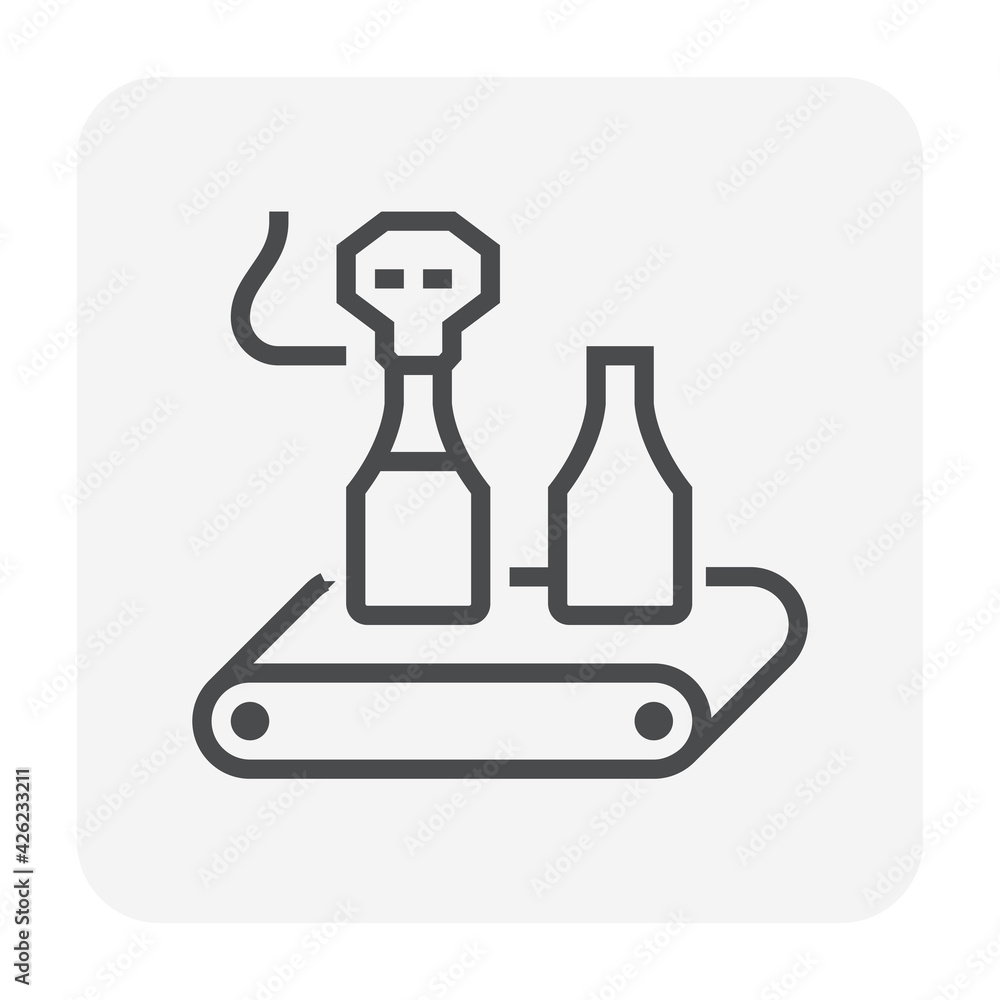 Beverage industry vector icon. That business process automation with bottle on conveyor belt in production line and filling water in packaging to manufacture produce drink product. Editable stroke. Beverage industry vector icon. That business process automation with bottle on conveyor belt in production line and filling water in packaging to manufacture produce drink product. Editable stroke.