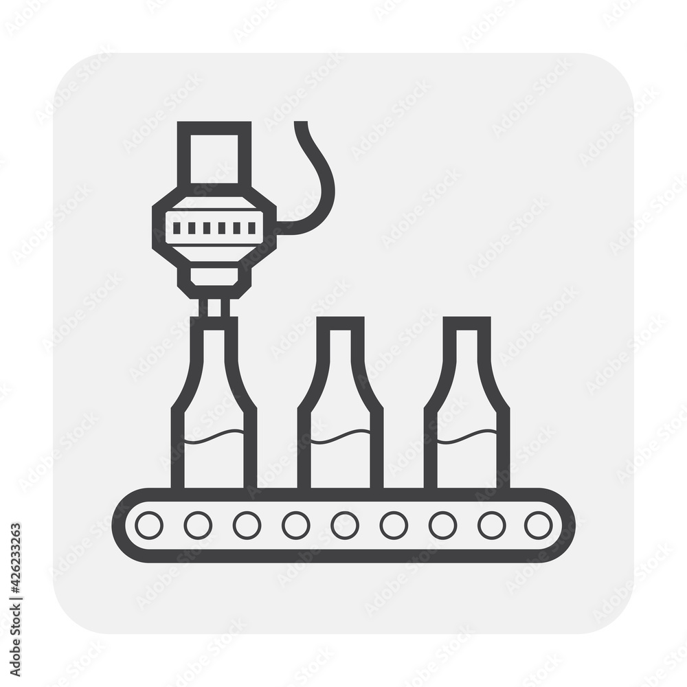 Beverage industry vector icon. That business process automation consist of row bottle on conveyor belt in production line and filling water or liquid in packaging to manufacture produce drink product. Beverage industry vector icon. That business process automation consist of row bottle on conveyor belt in production line and filling water or liquid in packaging to manufacture produce drink product.