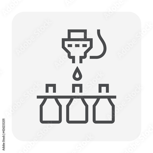 Beverage industry vector icon. That business process automation consist of row bottle in production line and filling water or liquid in packaging to manufacture produce drink product. Editable stroke.