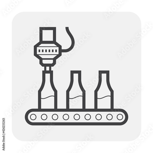 Beverage industry vector icon. That business process automation consist of row bottle on conveyor belt in production line and filling water or liquid in packaging to manufacture produce drink product.