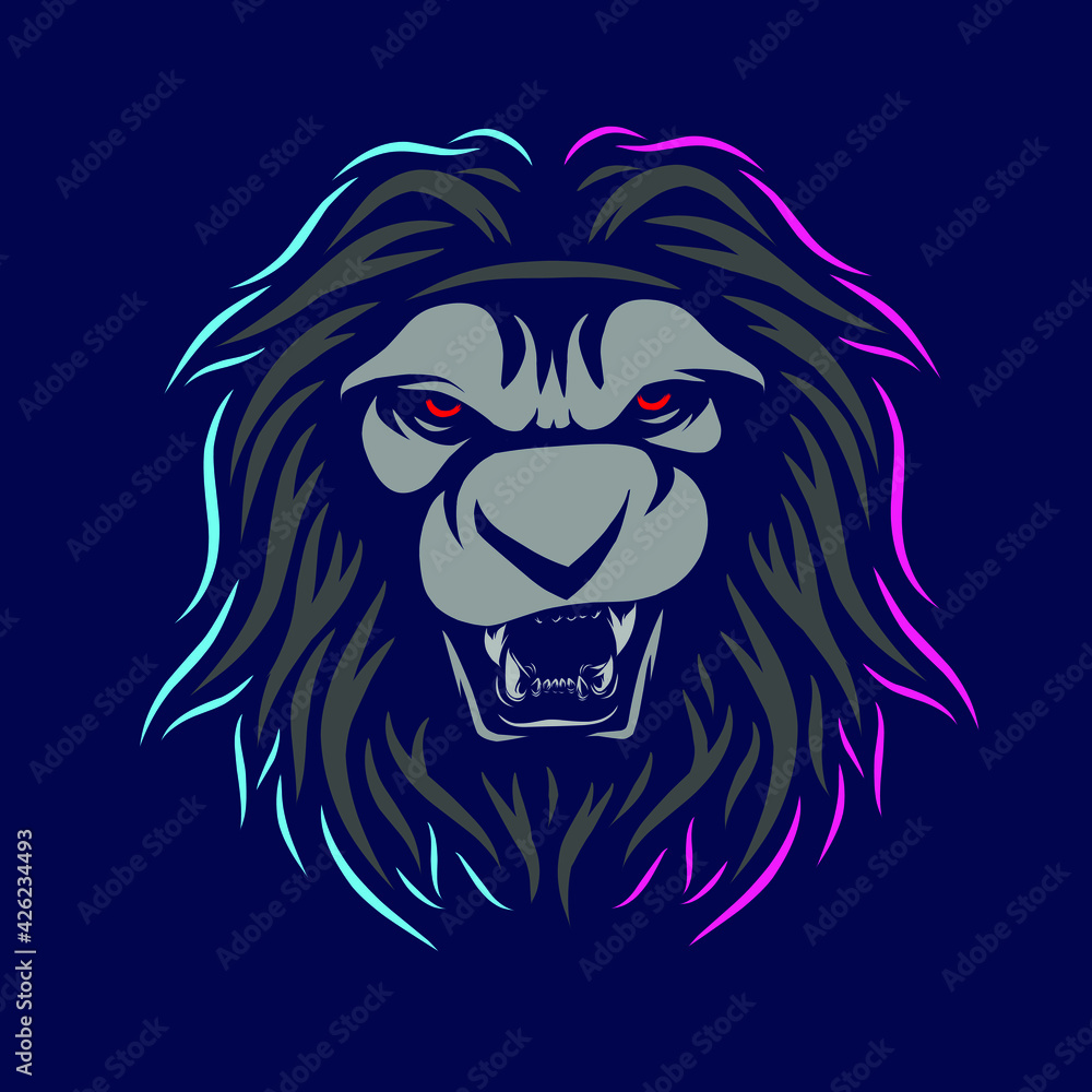 Lion head face vector silhouette line pop art potrait logo colorful design with dark background. Abstract vector illustration. 